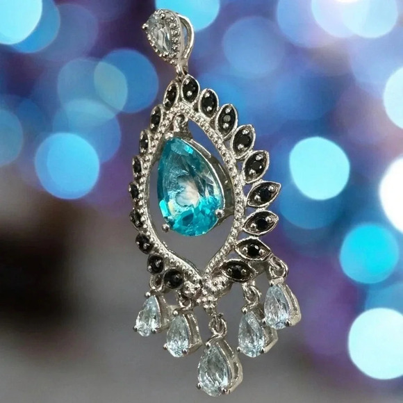 Swiss Blue Topaz|Aquamarine|Onyx Chandelier Sterling Silver Pendant - Picture 10 of 13